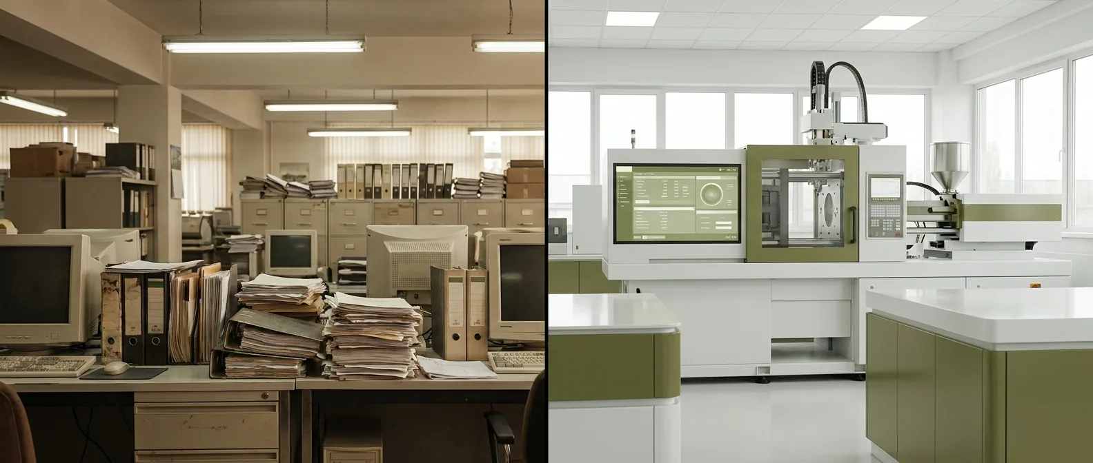 À esquerda um escritório dos anos noventa cheio de papel, à direita uma oficina moderna com máquina de injeção e dashboard digital